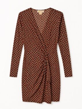 Michael Kors Red Geometric Ruched Midi Dress